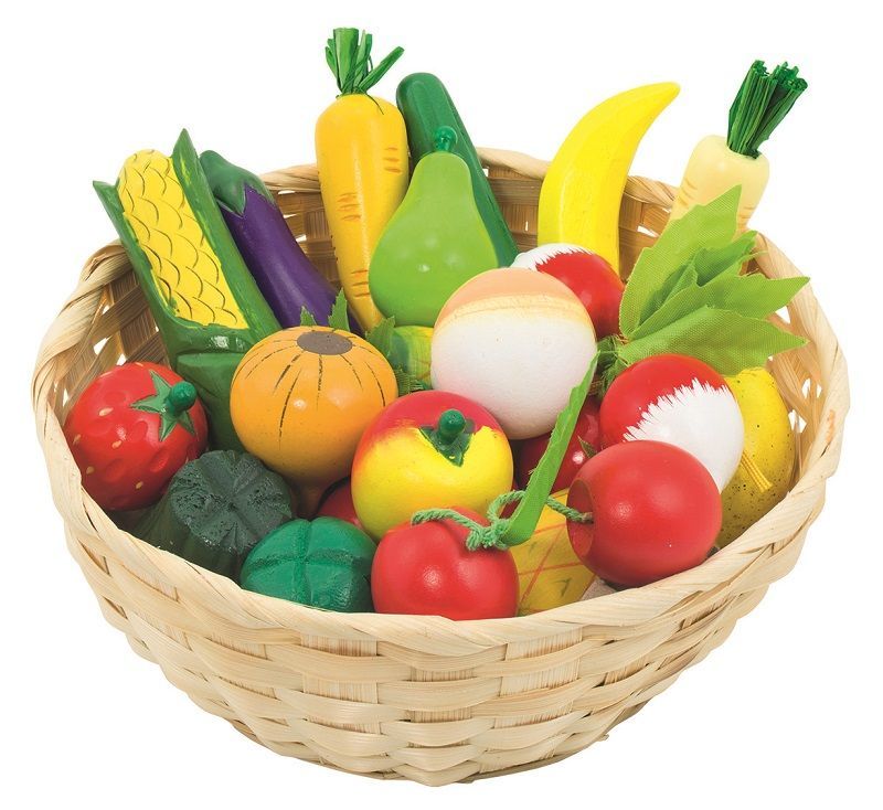Drewniane owoce i warzywa w koszyku 21szt.