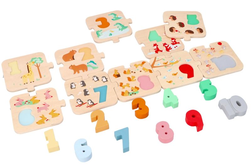 Drewniane puzzle ze zwierzątkami- nauka liczenia Montessori