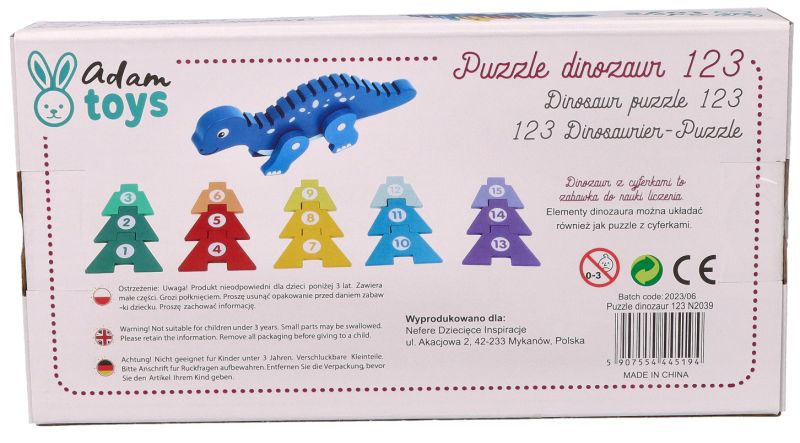 Dinozaur z cyferkowymi puzzlami - bezpieczeństwo produktu